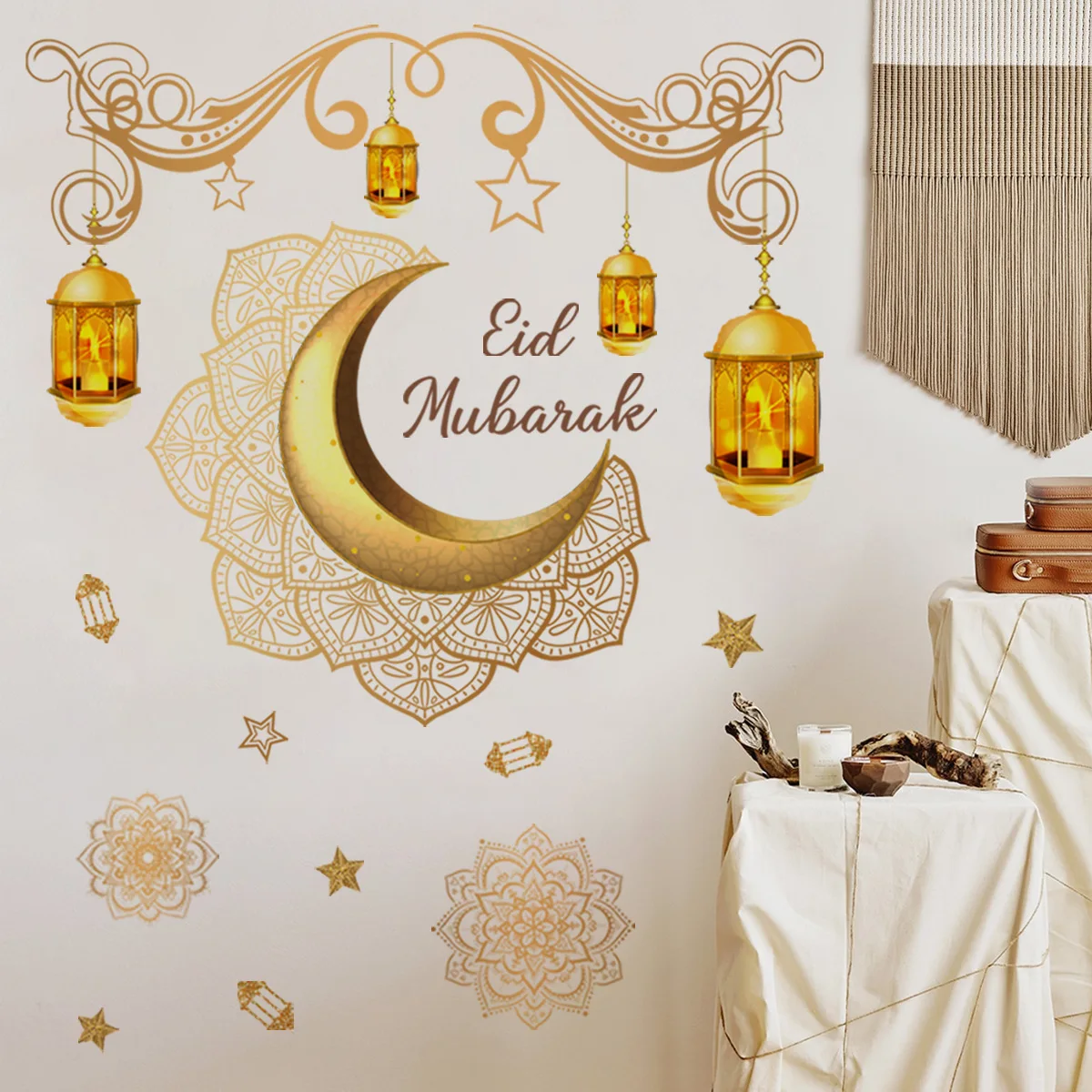 NEW Eid Mubarak Wall Sticker Gold Moon Star Lantern Wall Decal Ramadan Decoration 2024 Islamic Muslim Holiday Party Window Cling