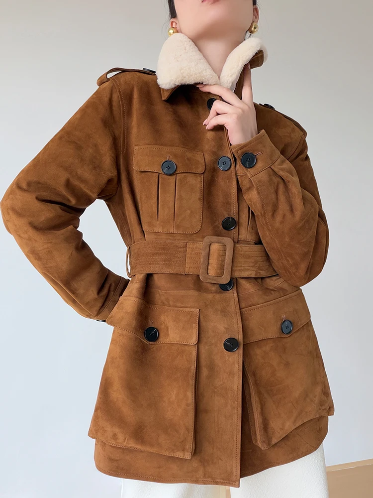 เสื้อแจ็คเก็ตหนังกลับแท้ คอขนสัตว์ธรรมชาติ สำหรับผู้หญิง ฤดูหนาว ดีไซน์เรียบหรู สไตล์วินเทจ ทรงเข้ารูป พร้อมเข็มขัด หนังแพะแท้ บุด้วยขนห่าน