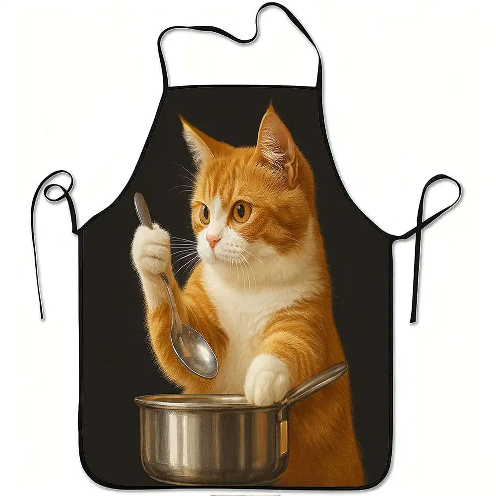 Funny Cat Cooking Apron – Realistic Ginger Cat Stirring Pot, Black Background,  Polyester,  Unisex, No