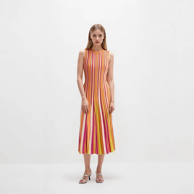 High-end French High-end Summer Elegant Lady Round Neck Sleeveless Slim Mid-length Striped Knitted Dress