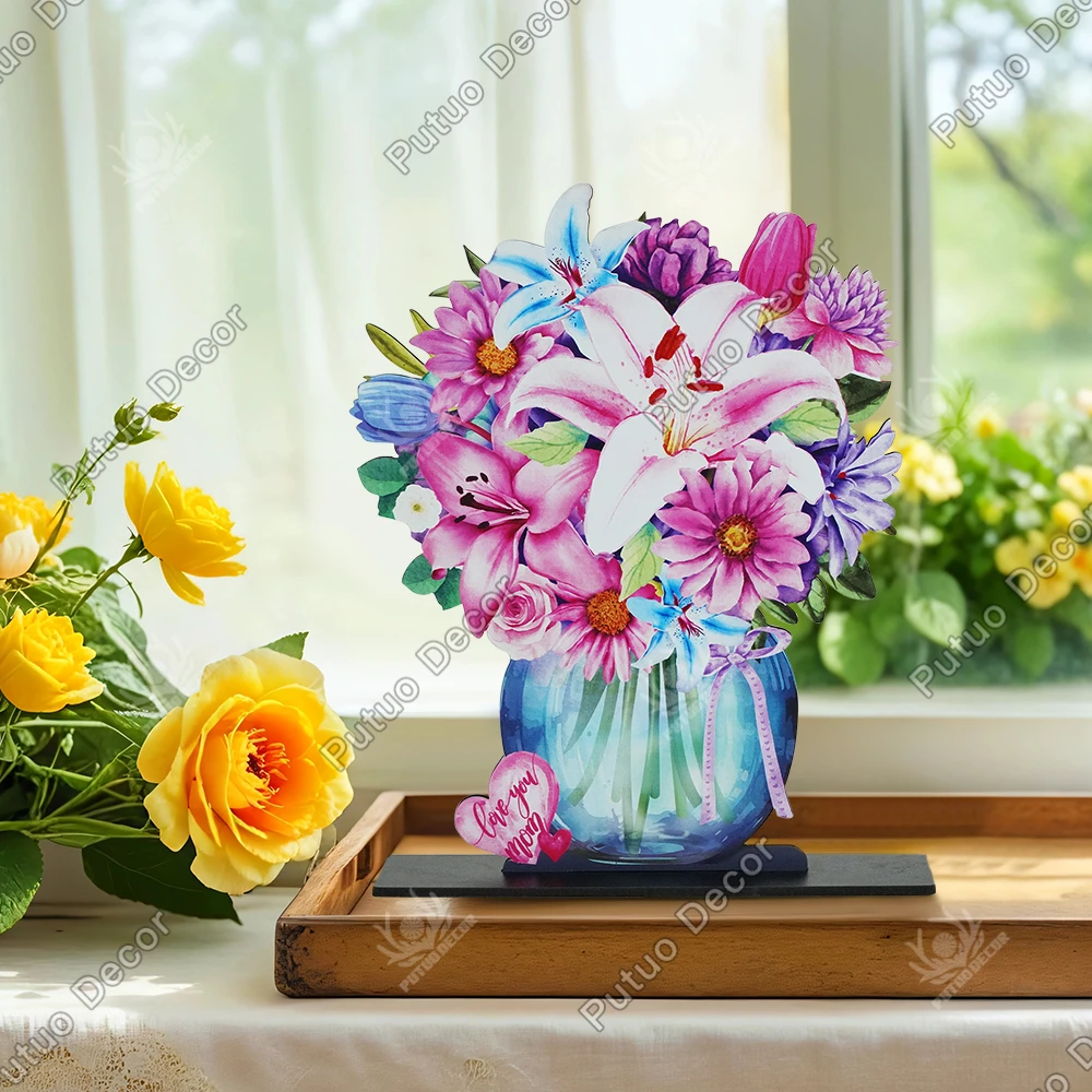 

Putuo Decor a Vase of Flowers Shaped Table Decor, Love You Mom,Desktop Decor for Home Farmhouse Living Room, Mother's Day Gifts