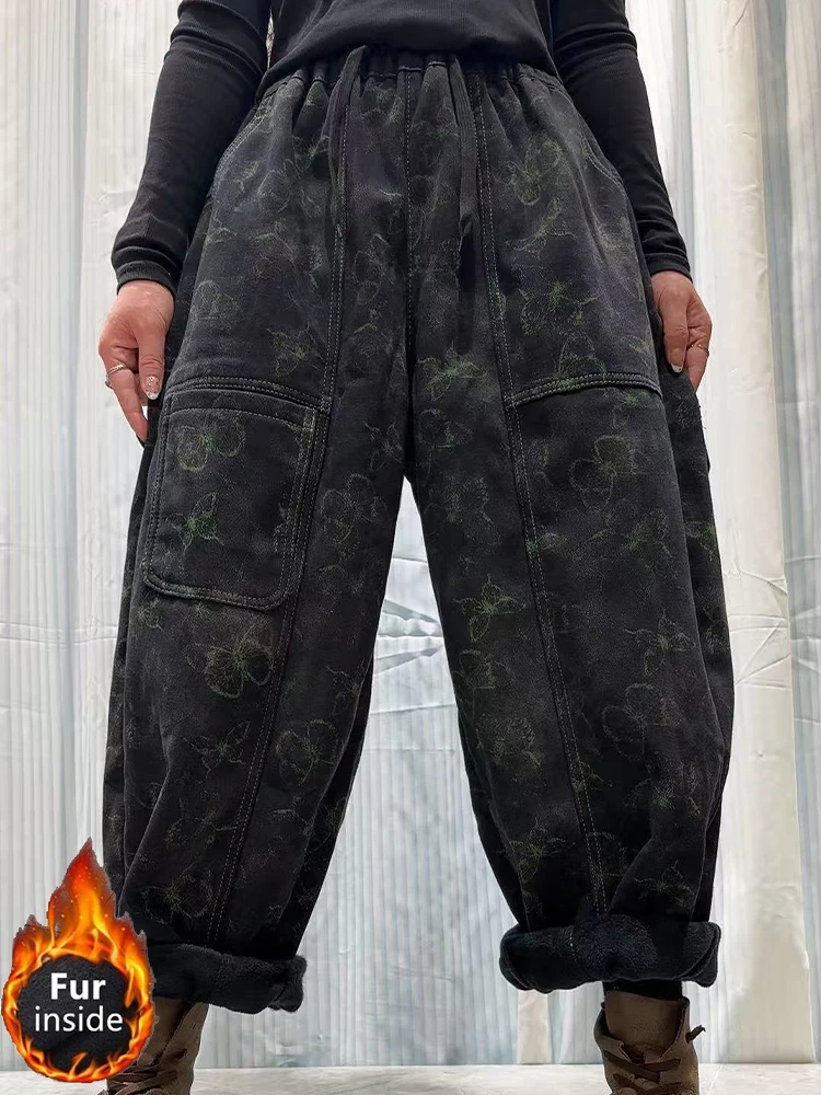 Masss Wasss Korean Womens Vintage Classic Fur Denim Pants Winter Fashion Printed Thicken Jeans 2026 Females Casual Warm Trousers