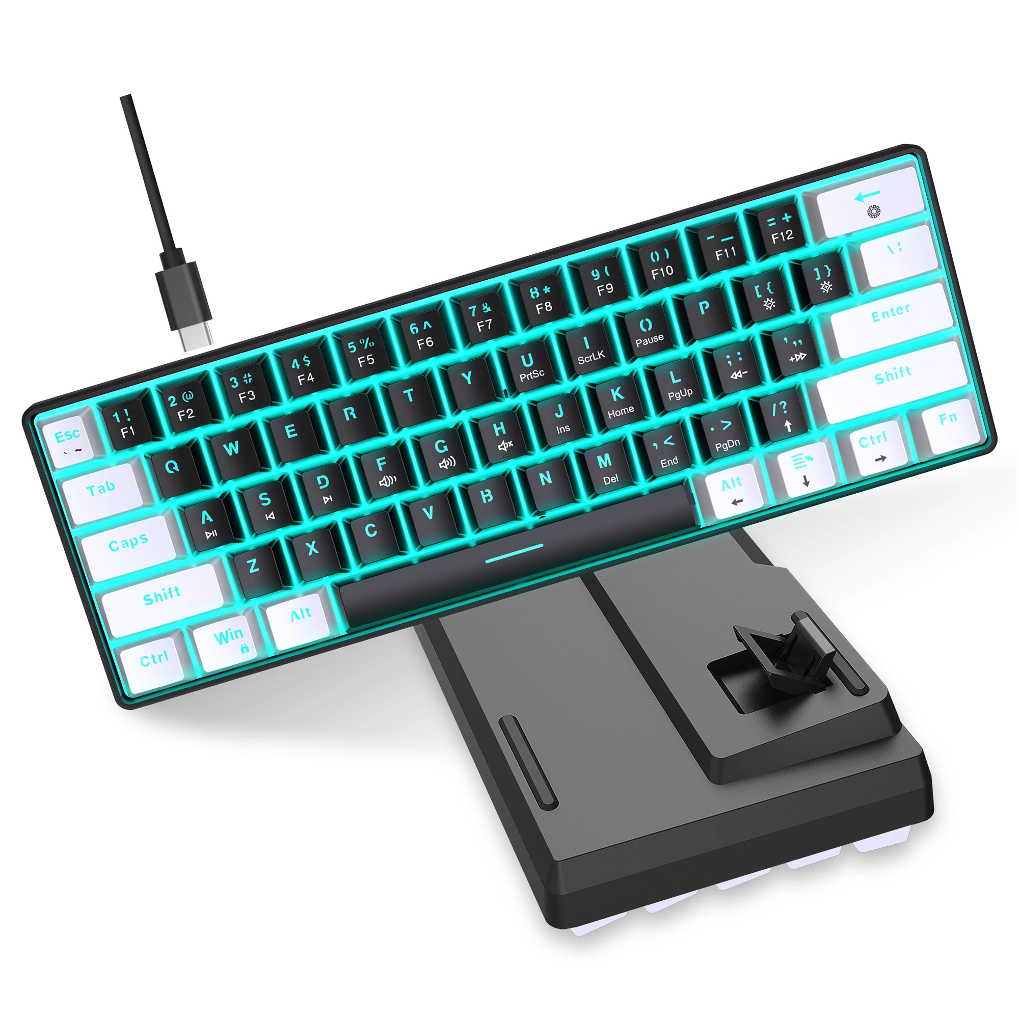 Keyboard Gaming Mekanik Berkabel 60%, Lampu Latar LED Biru Es 61 Tombol Mini Keyboard Berkabel untuk Laptop Windows PC Mac