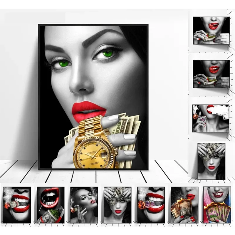 Wall Art Poster Red Lips Smoking Woman Watch Picture Burning Dollars Money Canvas Painting Home DecorationLiving Room