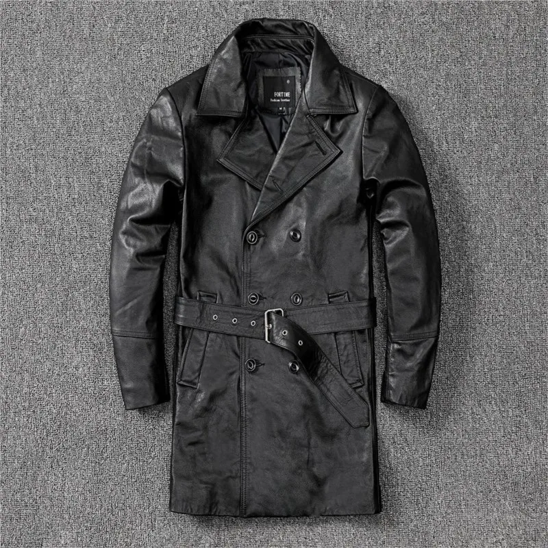 

New leather for men mid-length top layer cowhide windbreaker lapel
