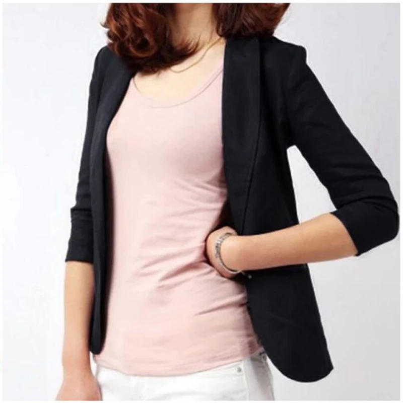 Blazer de lino y algodón con muescas para mujer, chaqueta Formal de manga 2024, color blanco y negro, moda coreana, 3/4