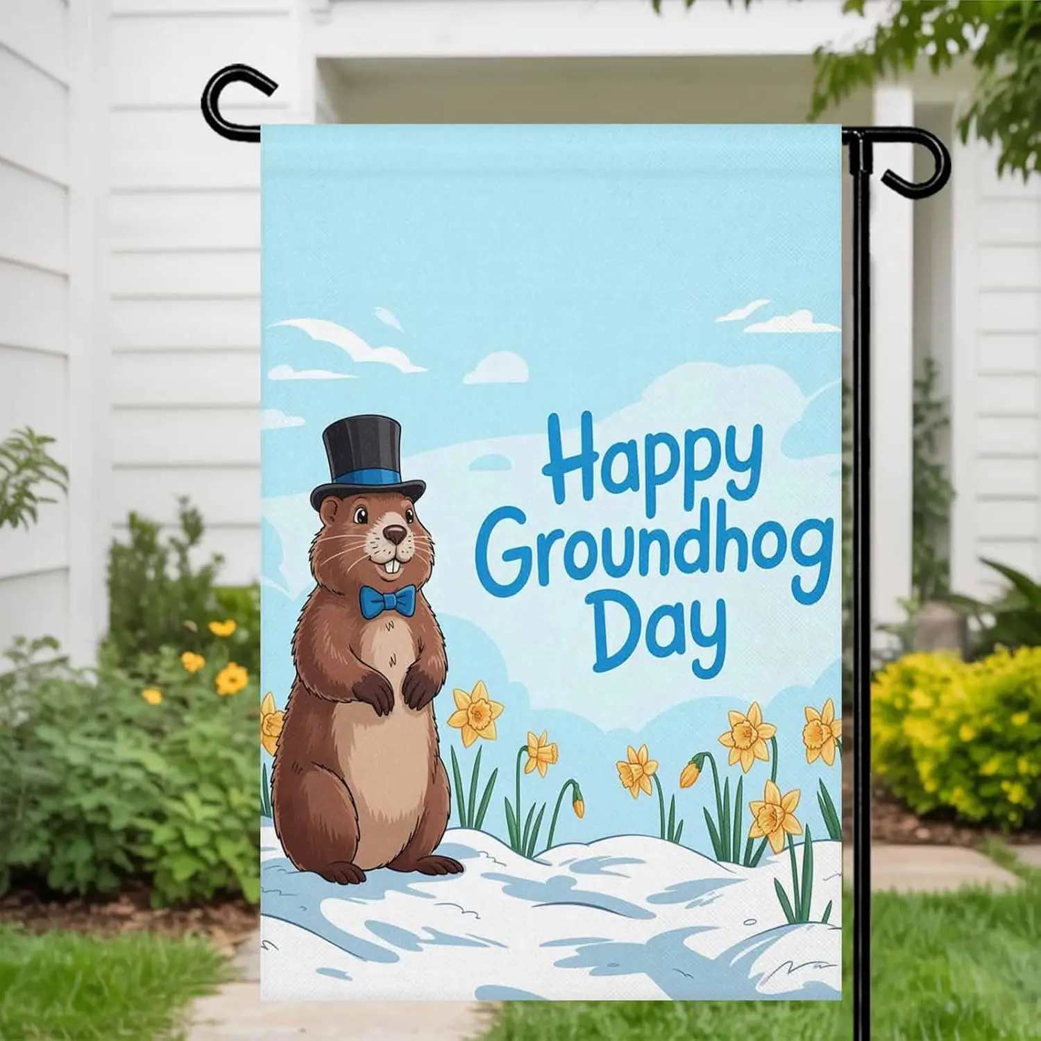 Happy Groundhog Day Garden Flags 28x40 Double Sided Outside Decoration Cartoon Cute Ground Hog Flowers Sky Blue Decorative W PPM