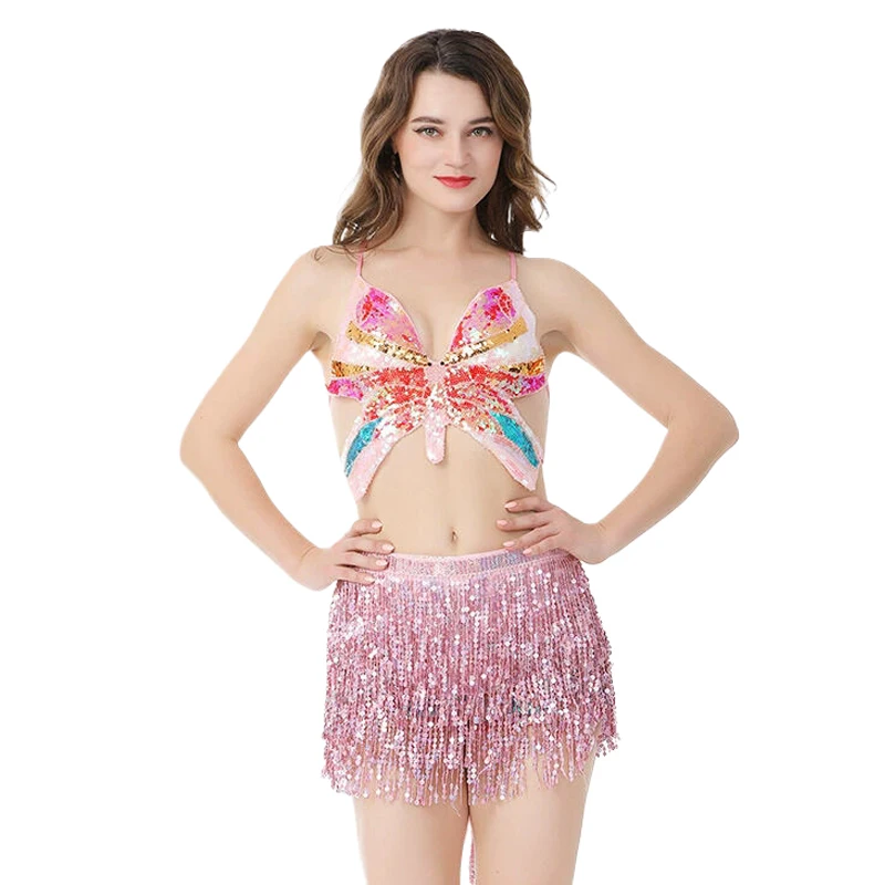 Damen 2-Teiliges Set Cosplay-Kostüm Funkelndes Schmetterlings-Crop-Top Quastenrock Halloween-Party Karneval Aufführung Tanz-Outfit – Detail 1