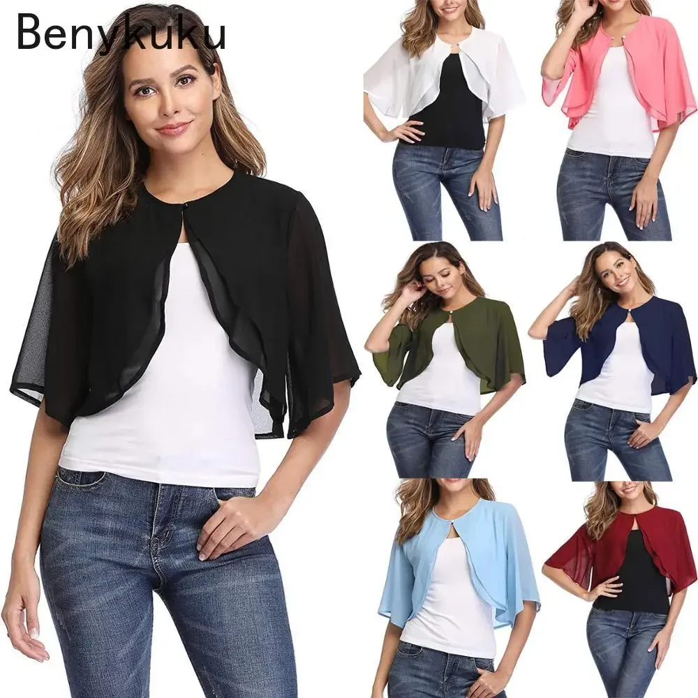 ครึ่งแขน Layered เปิดด้านหน้า Sheer Bolero Cardigan Top สำหรับงานแต่งงานชุดเดรสปาร์ตี้ Capes ผ้าชีฟองยักไหล่สำหรับสตรี