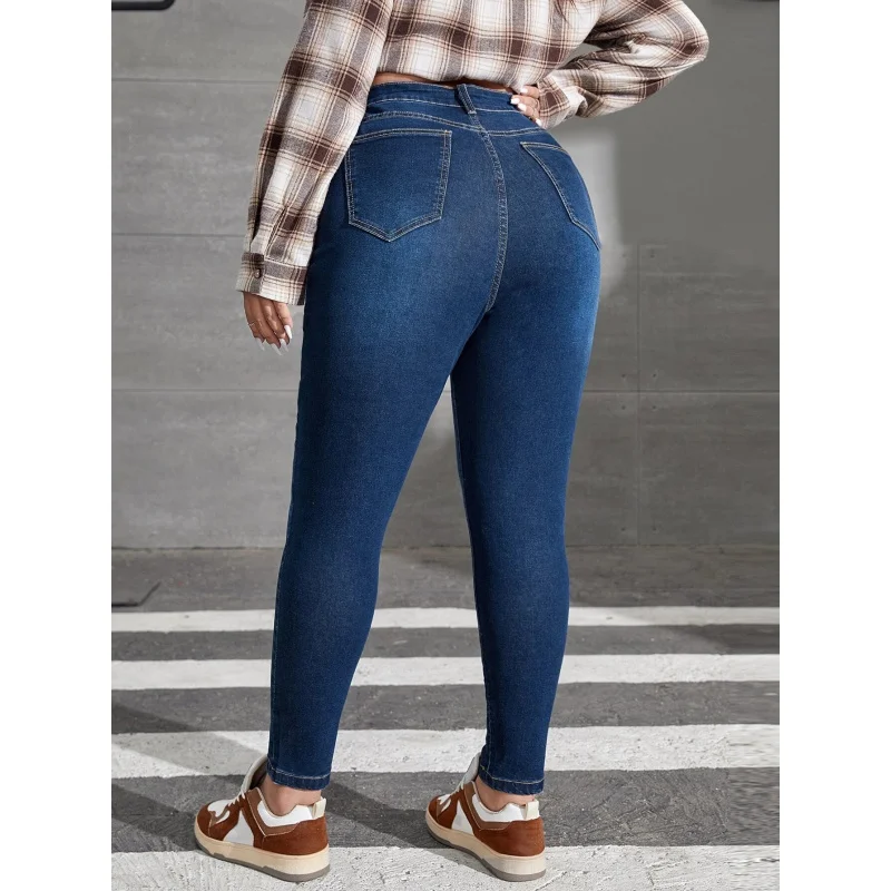 Cross-Border European and American plus Size Denim Skinny Pants Dark Blue Elastic Fat GirlTEMUAmazonSHEINOverseas Warehouse Deli