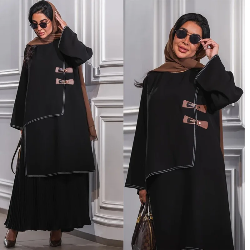 

Muslim Women Middle East Dubai Arabian Pullover Patchwork Pleated Muslim Robe Leather Buckle Dress Abaya