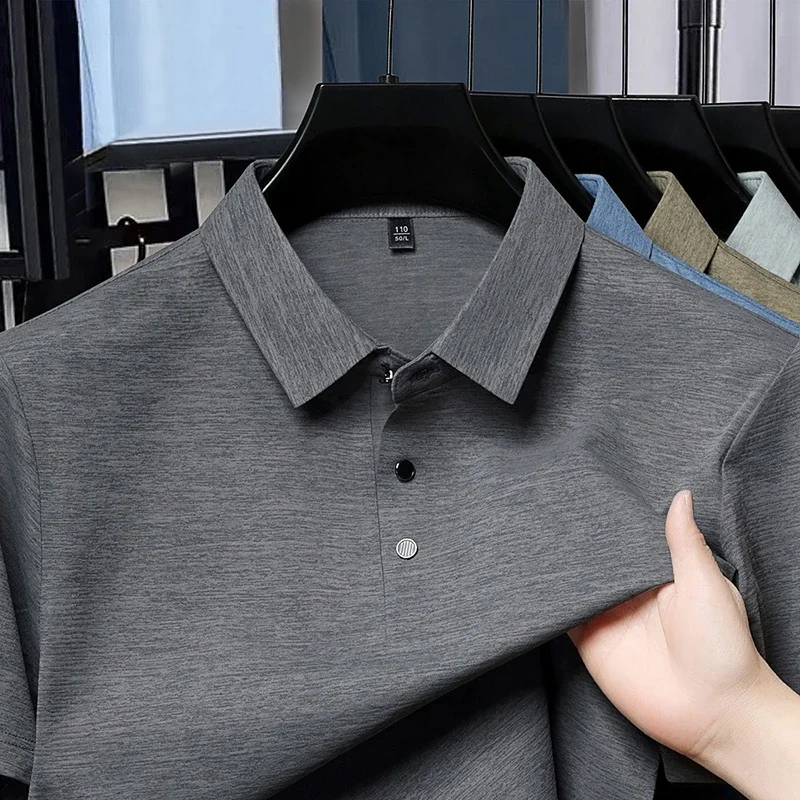 Men's Solid Color Short Sleeve Polo Shirt Breathable Fabric Lapel T Shirt For Business And Daily Casual Wear