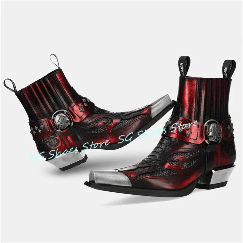 

Punk Rivet Skull Metal Pointed Toe Chelsea Boots for Men Mixed Color Chunky Heel Western Cowboys Boots Male Casual Shoes