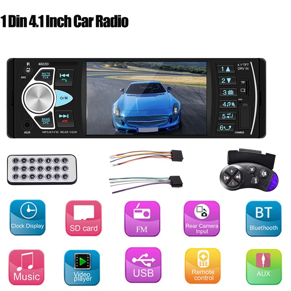 

Car Radios 1 Din 4.1 Inch Audio Stereo Bluetooth TF FM USB AUX Receiver Support Rearview Camera and Steering Wheel Control 4022D