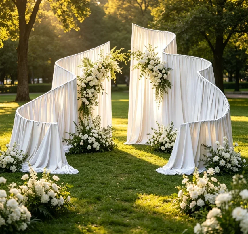 Luxuriöser Weißer Metall-Hochzeitsbogen für Outdoor-Zeremonien, Wiederverwendbarer Hintergrundständer für Vorhänge und Blumendekoration – Detail 6