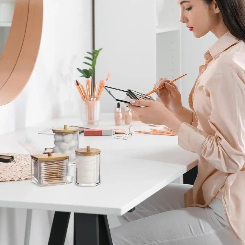 Transparent plastic storage box, multifunctional makeup desktop organizer, transparent cotton swab jar with lid