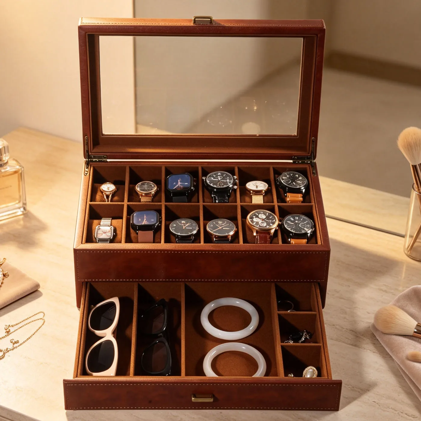 Retro Leather Display 12-Position Watch Storage Box Eyeglasses Case Sunglasses Organizer Jewelry Box Ring Earring Necklace Brace