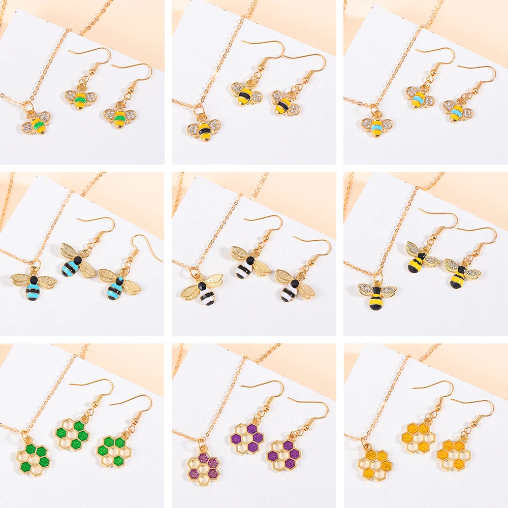 Women's Fashion Jewelry Set Enamel Honeycomb Bee Pendant Necklace & Earrings Ornament Cute Animal Alloy Charms Jewellery Gifts