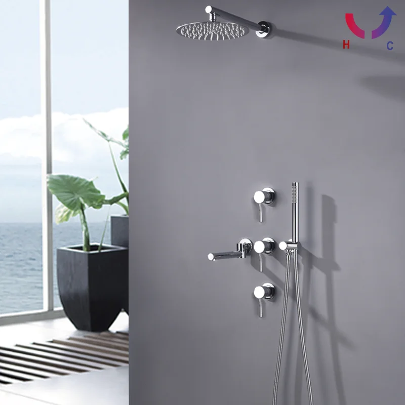 Chrome Matt whit Wall Mounted Bathroom Shower Mixer Brass Faucet Hot Cold Water Mixer Tap With Head 10Inch Rainfall Shower Set