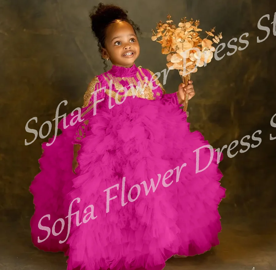 

Luxury Hot Pink Flower Girl Dress for Wedding Lace Applique Ruffles Crystal Layered Birthday Party Guest Evening Gown Customized