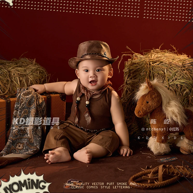 

Ретро ковбойская тема реквизит для фотосъемки новорожденных 3-4 месяца детские костюмы с ковбойской шляпой лошадь плюшевая игрушка лошадь кнут сцена аксессуар