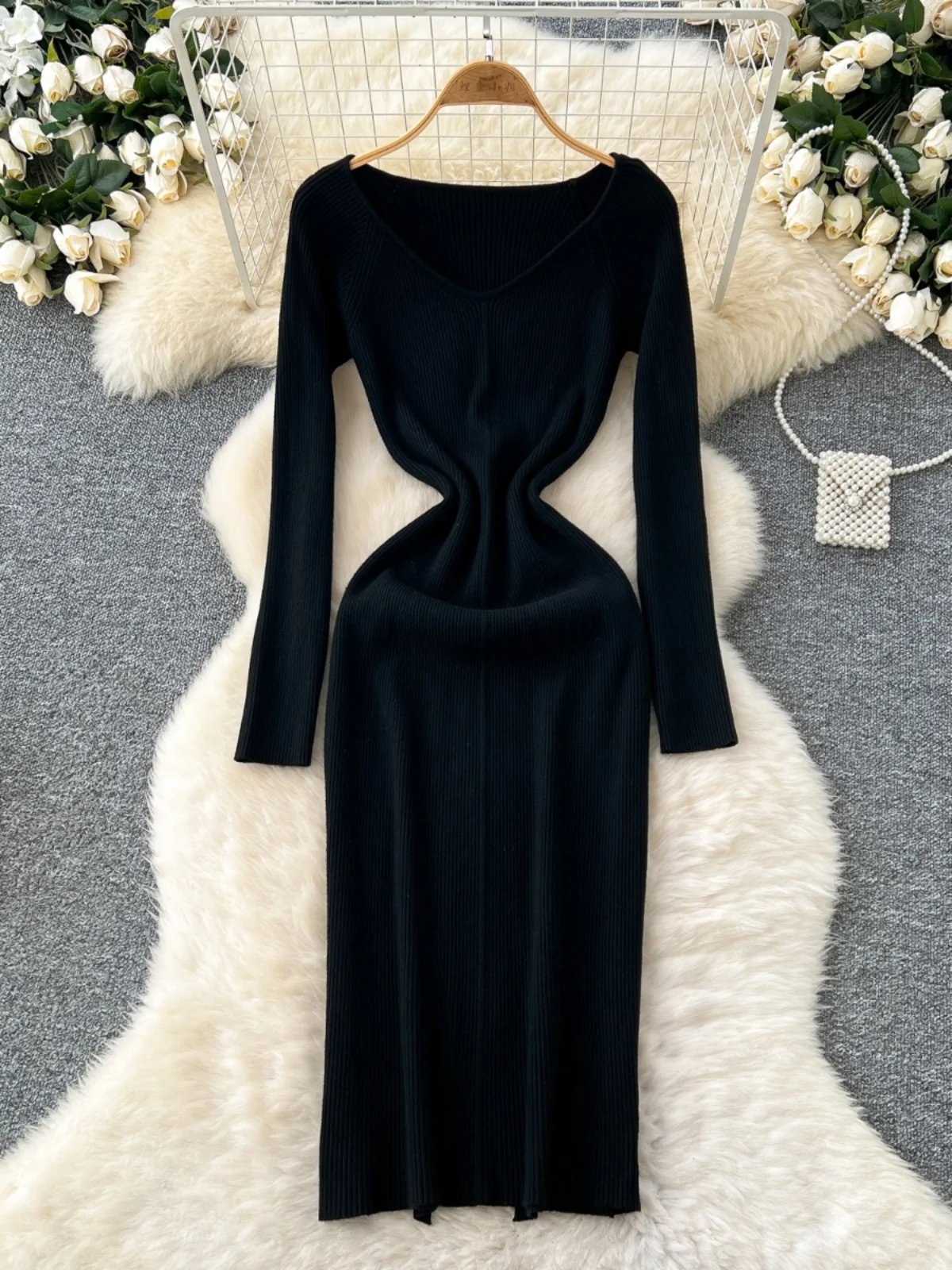 Ele Hoge Taille Gebreide Lange Sve V-Ne Dr vrouwen Slim Fit Vestido Midi Dr Koreaanse Sle Herfst Winter Faion