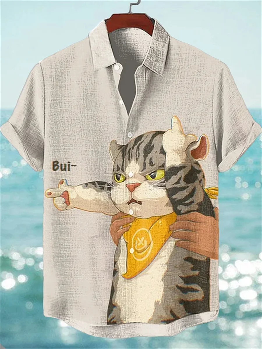Men's short-sleeved shirt, loose-fitting, casual, breathable men's top with bird and cat print, outdoor casual Hawaiian shirt.