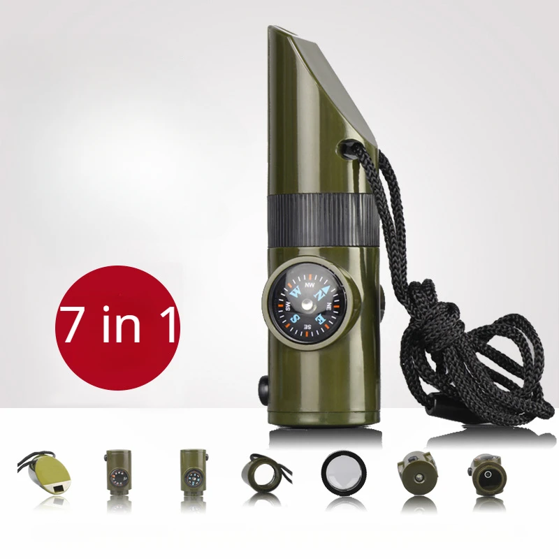 7-in-1 Survival Whistle Outdoor Multi-Functional Tool with LED Light Thermometer&Compass