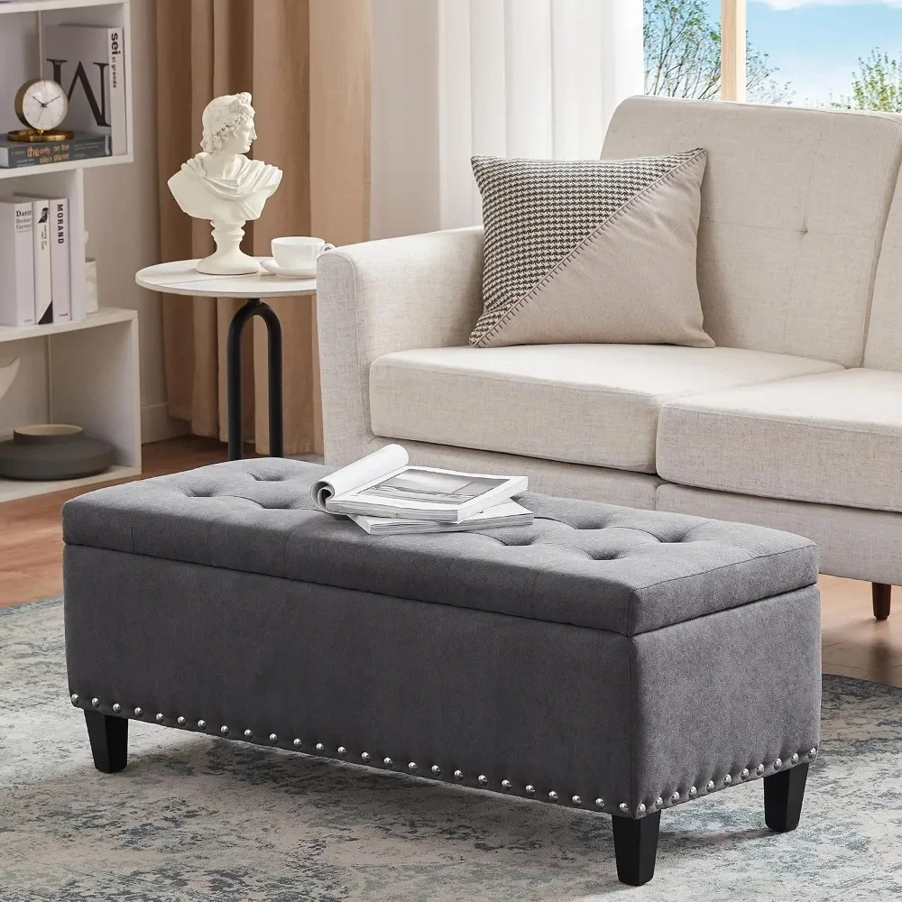 Ottoman with Storage, Upholstered Fabric Storage Ottoman with Safety Hinge, Storage Bench with Button-Tufted, Ottoman Bench