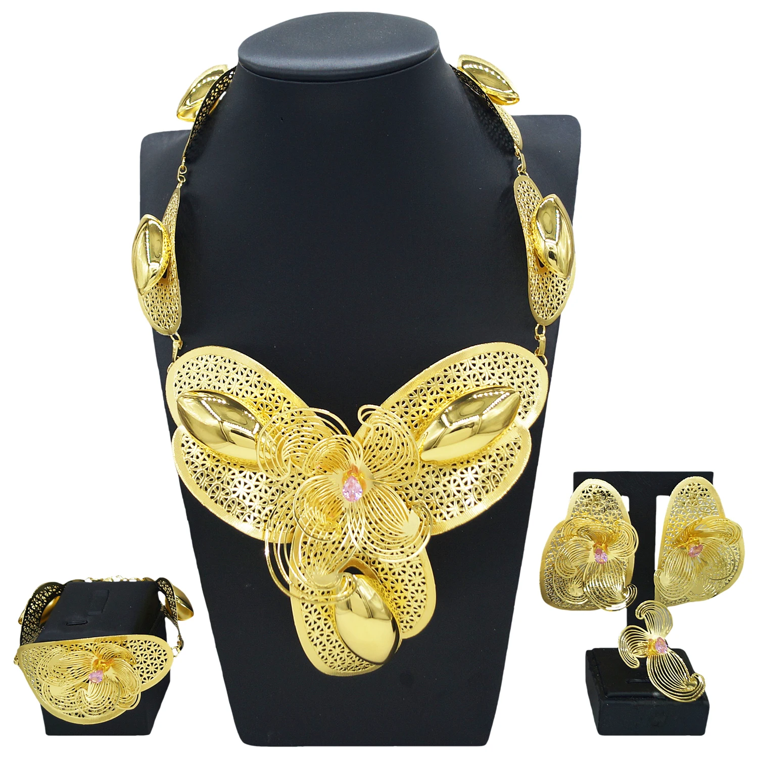 Yulaili Alien Indian Jewelry Set Fashion cutout pink gemstone smart noble European wedding foreign travel holiday jewelry