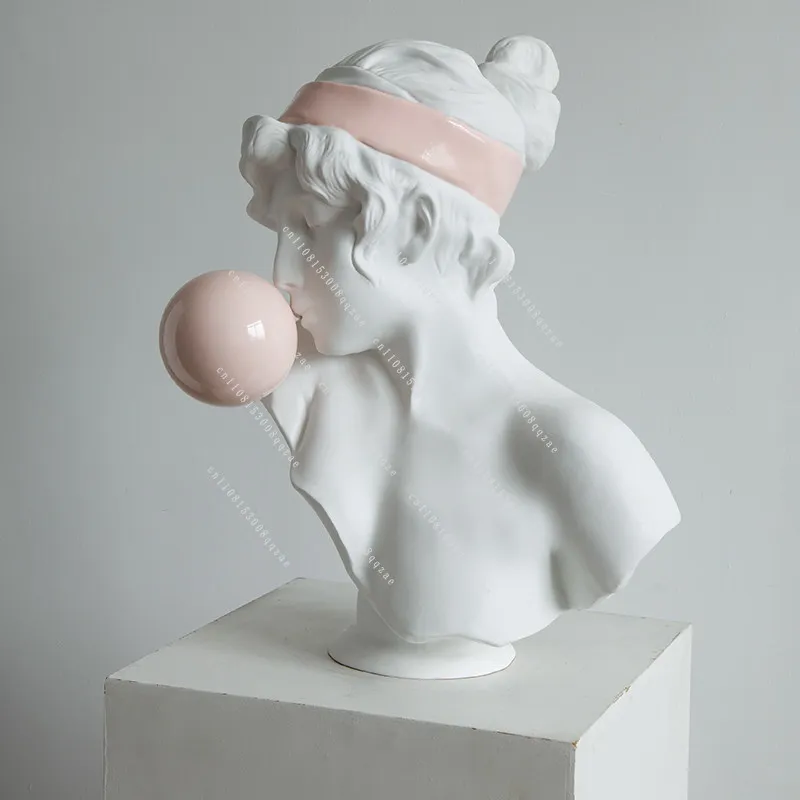 Pink Bubble Blowing Girl French Art Sense Trendy Play Ornament Resin Portrait White Sculpture Statue Large