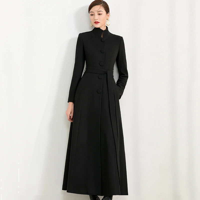 

Pop Women Thick Long Woolen Coat Spring Nice Elegant Fashion Black Ankle-Length Single Breasted Slim Wool Blends Overcoat