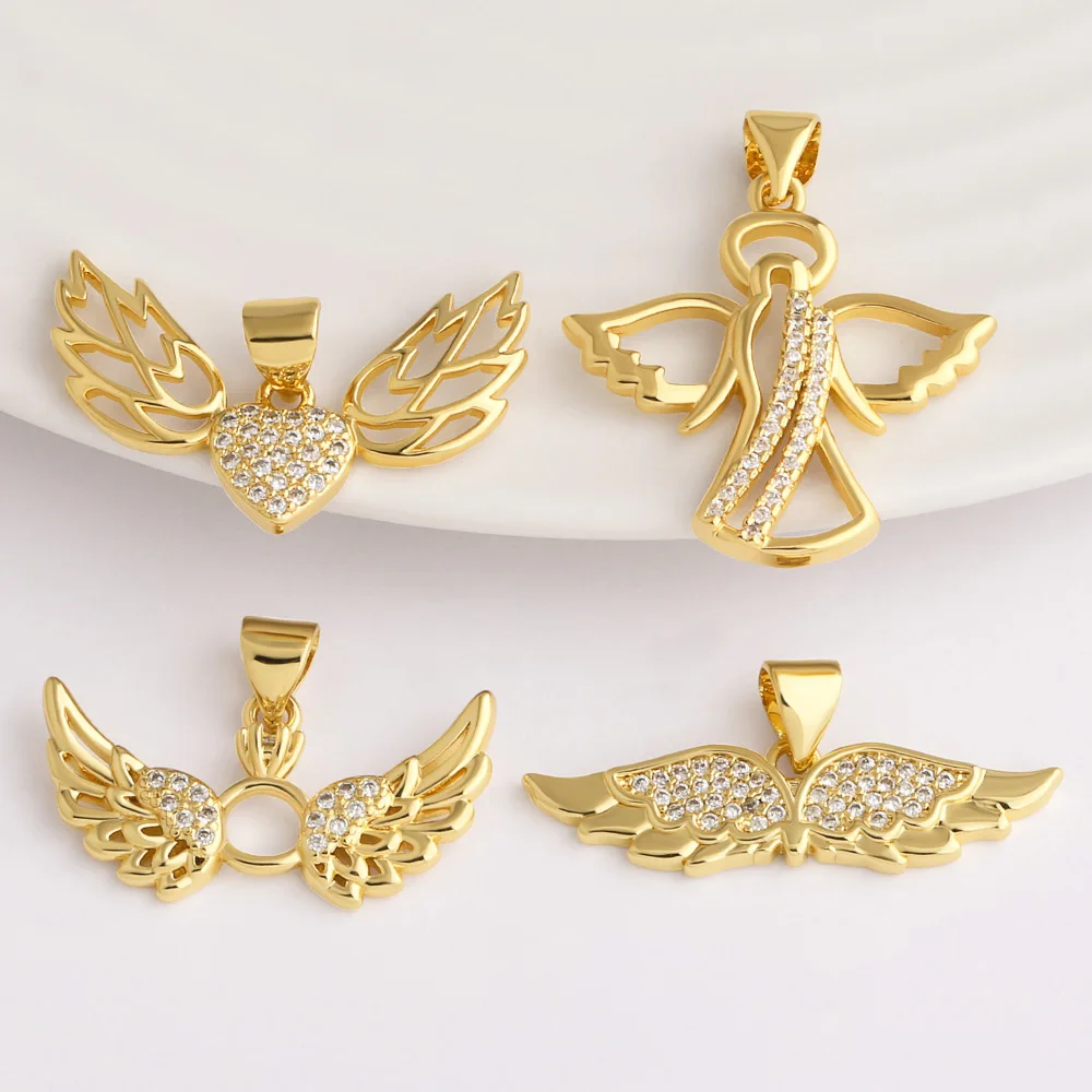 OCESRIO White Crystal Heart Angel Wings Pendant for Necklace Copper Gold Plated Handmade DIY Jewelry Making Supplies pdta278