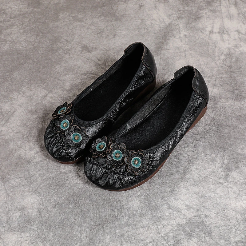 Boho Vintage Echtleder-Ballerinas für Damen, Blumenmuster Slip-On Fahr-Mokassins, Weiche Ethnische Retro-Schuhe, Flache Schuhe für Mütter – Detail 15