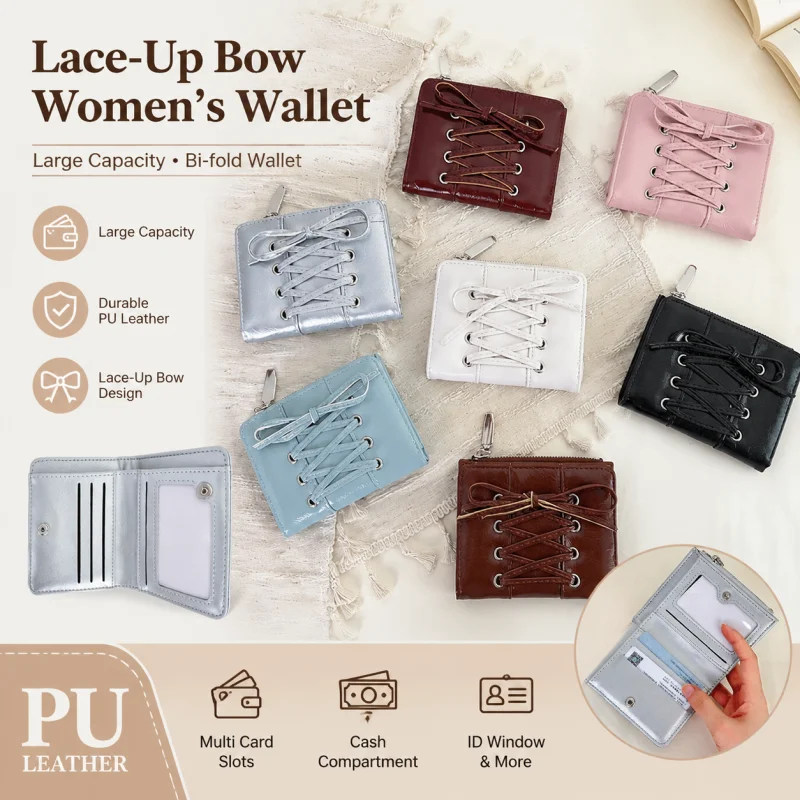 Lace Up Bow Short Wallet For Women Cute PU Leather Mini Purse Zipper Coin Pocket Multi Card Slots ID Window Ladies Small Wallet