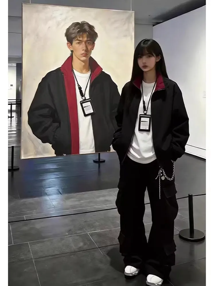 Cleanfit Red Contrast Color Pilot Short Workwear Style Jacket Unisex Stand Collar High End Feeling Baseball Coat Outerwear