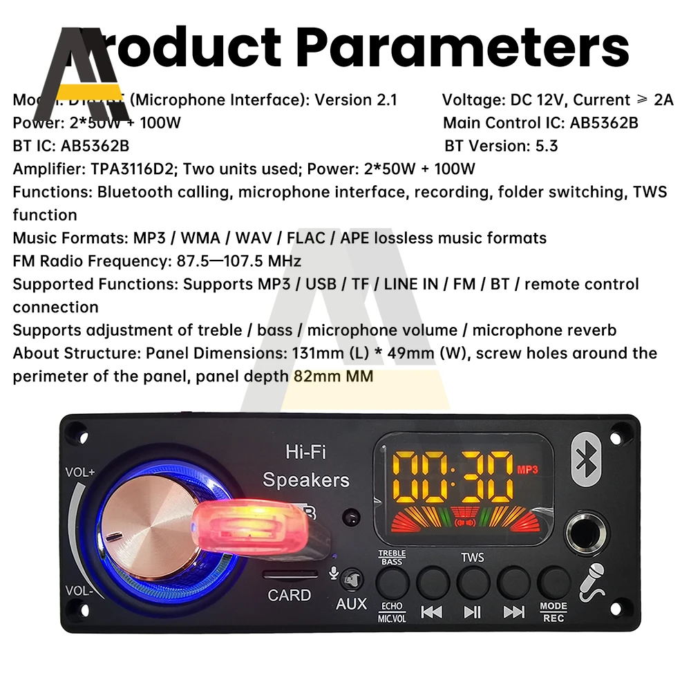 MP3 Bluetooth Decoding Board Car Audio Decoder TPA3116D2 Amplifier Board 2 x50W High Power Stereo Wireless BT 5.3 TWS Function