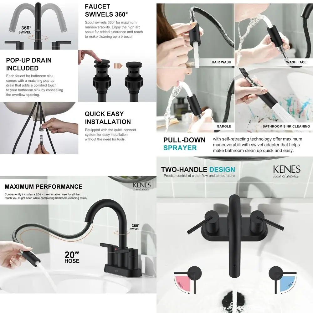 

Смеситель для ванной комнаты с выдвижным распылителем, 4 дюйма, с двумя ручками, центральным изливом, сливным и подводящими шлангами