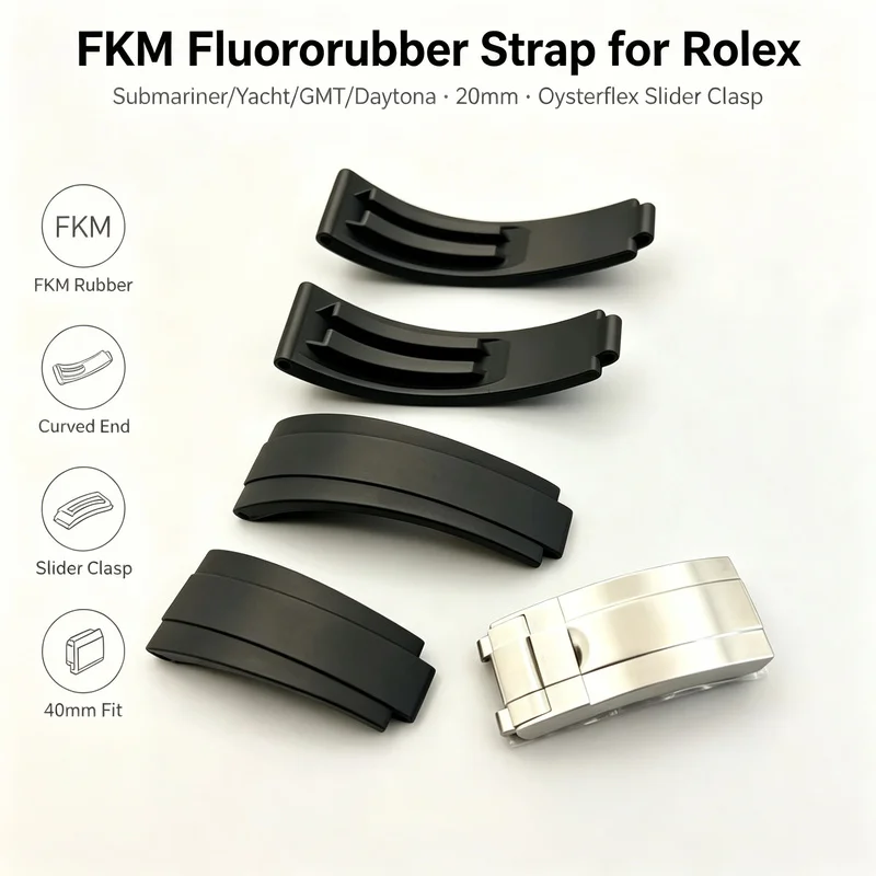 Soft FKM Fluororubber Strap for Rolex Submariner Yacht GMT Daytona 20mm Oysterflex Slider Clasp Black Men Replacement Watch Band