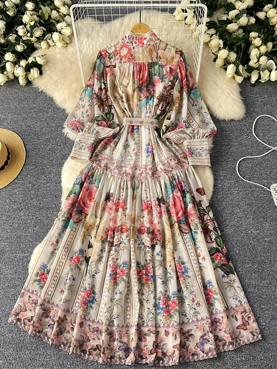 Court Style Vintage Printed Dress Women Lantern Sleeves Single Breasted Elegant Party Dresses Ladies Spring Autumn Long Robe