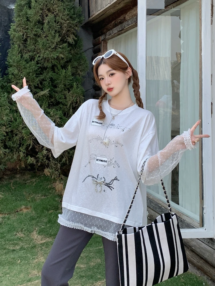 

Женская свободная футболка с принтом и кружевными вставками, длинный рукав, повседневный стиль, круглый вырез, дизайн с лоскутными элементами