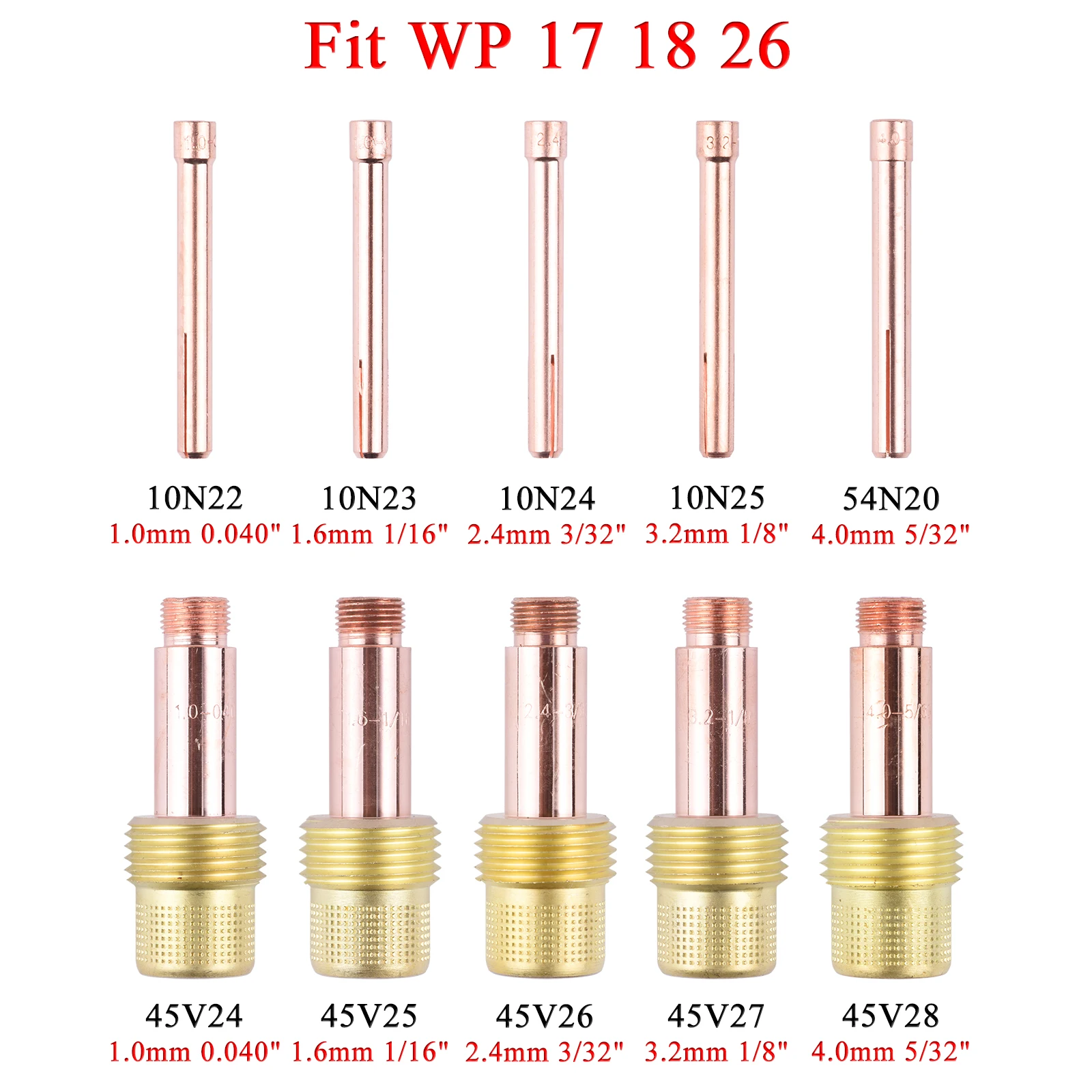 1.0/1.6/2.4/3.2/4.0mm TIG Collet Body Gas Lens Collet 10N22 10N23 10N24 10N25 54N20 45V24 45V25 45V26 45V27 45V28 For WP17 18 26