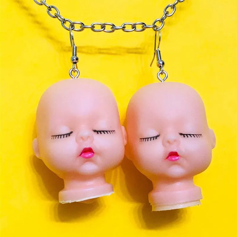 Super Cute Chubby Cheeks Sleeping Babies Dolls heads Dangling Hook Earrings Cute Weird Jewelry Gift for Her