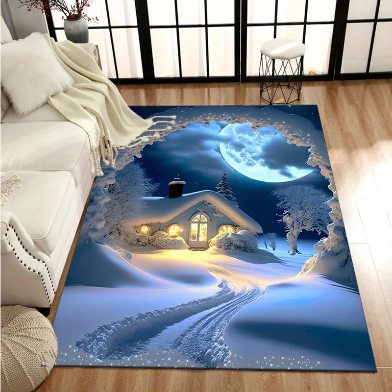1pc Winter Christmas Scene Rug, Snowy House, Moon & Snowflake Night Pattern, Soft Machine Washable Polyester Mat