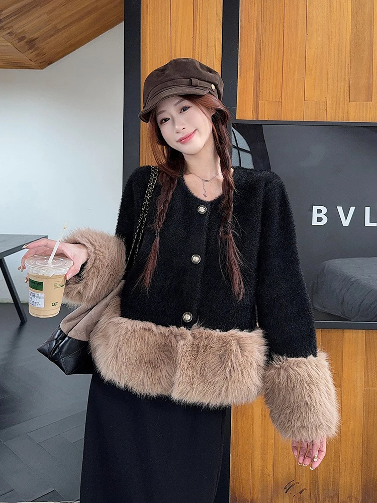 

Женский элегантный вязаный кардиган с длинным рукавом и пуговицами, волосатый лоскутный винтажный свитер с небольшим ароматом, свободная повседневная верхняя одежда в стиле ретро, новинка