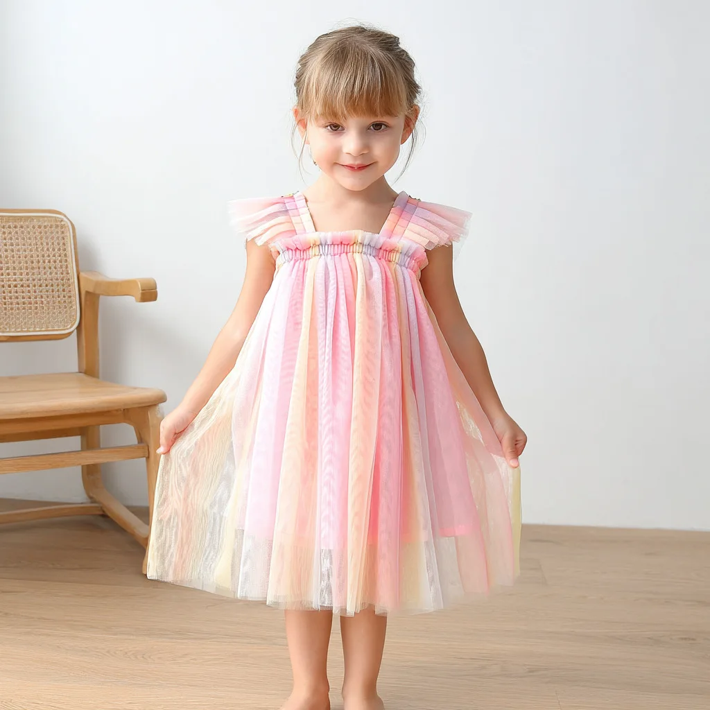 

Girls Rainbow Mesh Tutu Dress Halter Princess Gown with Butterfly Wings Children's Poncho Little Dress