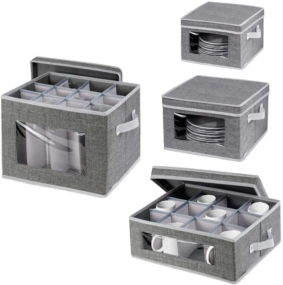 300D Oxford Fabric Foldable China Storage Box for Dinnerware Tea Cups and Mugs with Lid and Handles Set of 4 Grey