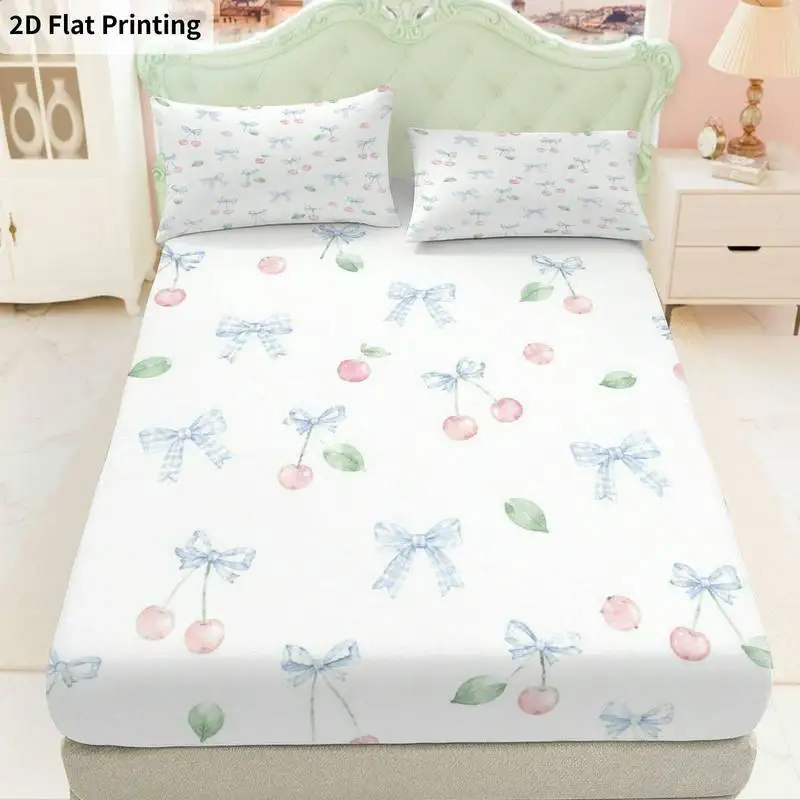 3Pcs Cherrybluebow Fitted Sheet Three Piece Set (1*Fitted Sheet + 2*Pillowcases, Coreless), Bedding Set.