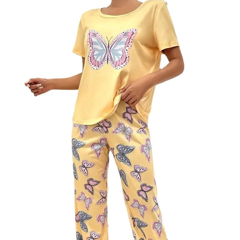 Women's Home Clothes Casual Round Neck Butterfly Print Short Sleeve T-shirt Top Pants Set Sleepwear Women