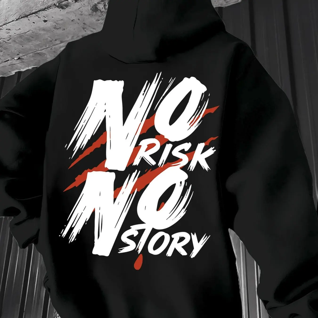 

​​no risk no story hoodie black white brush print 2025 streetwear oversized pullover splatter text design kangaroo pocket​